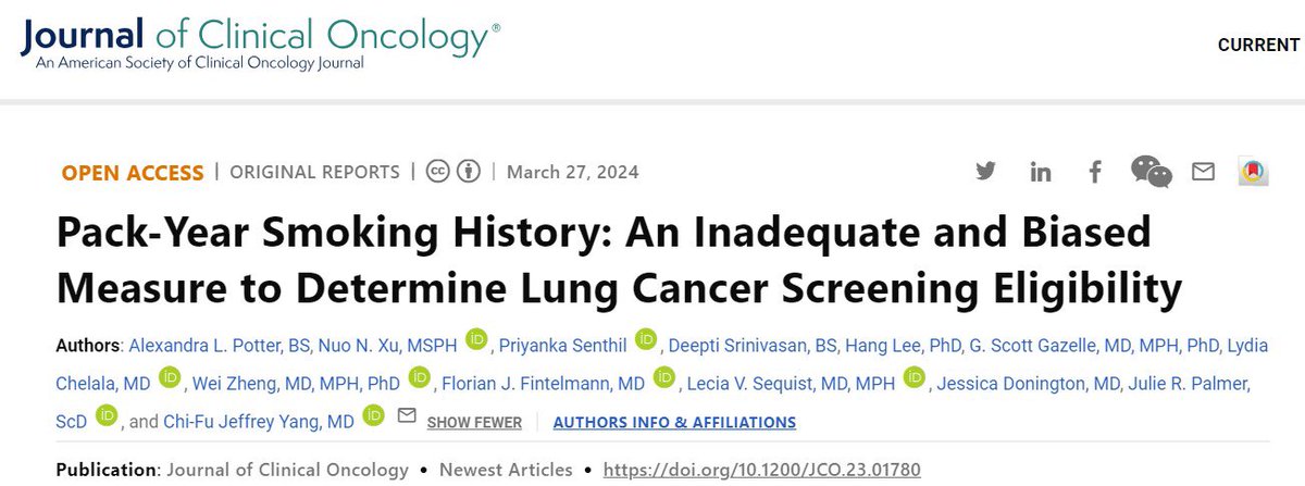 Our ALCSI team just published a study in @JCO_ASCO showing that using pack-years to determine #lungcancerscreening eligibility has major limitations. Using a duration cutoff probably is better: ascopubs.org/doi/10.1200/JC…