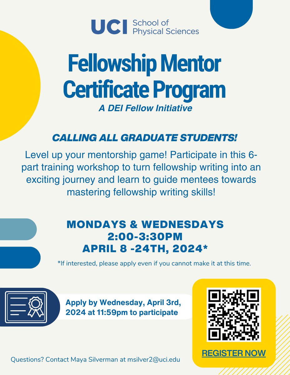 Mentorship within @UCIPhysAstro is leveling up! We're excited to invite graduate students to learn about passing on crucial fellowship writing skills to their mentees, as a stepping stone to future funding and careers. Register now: forms.gle/yBMV89jVW1dbsv…