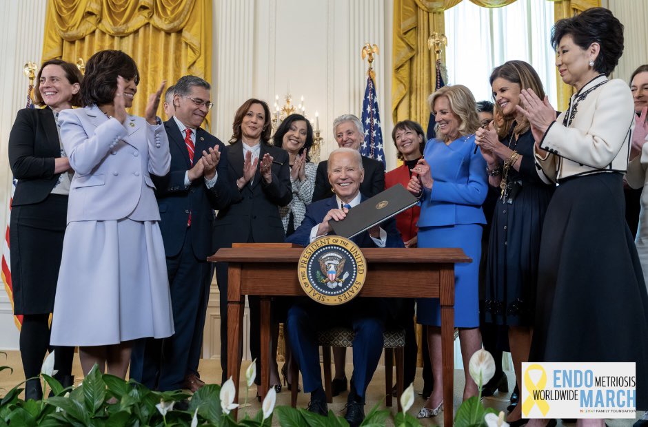 A monumental victory for women's health! President Biden signed a groundbreaking executive order pledging a historic $12 billion for research and innovation. Read more on our website here: endomarch.org/endometriosis-… Forward we go! 🎗️ #EndometriosisAwareness #ResearchForACure