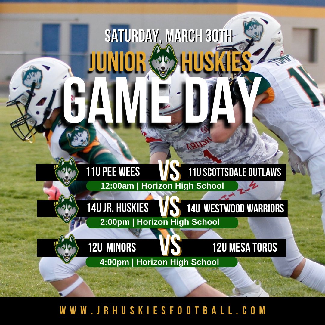 The Jr. Huskies are back on the field again tomorrow at 12:00, 2:00 &amp; 4:00. Come out to Horizon High School and watch them battle on the Outlaws, Westwood Warriors &amp; The Mesa Toros.  
#youthsports #football #tacklefootball