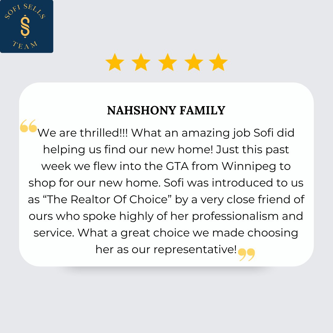 Client Review

For More Information
Contact Us
Sofija Trifunov
Sales Representative
Sofi Sells Team/Sutton Group Quantum Realty Inc.,
(416)-875-4272
Sofi@SofiSells.com⁠
Sofisells.com
#RealEstateOntario #property #HomeForSale #OntarioHouseHunting 
#InvestmentProperty