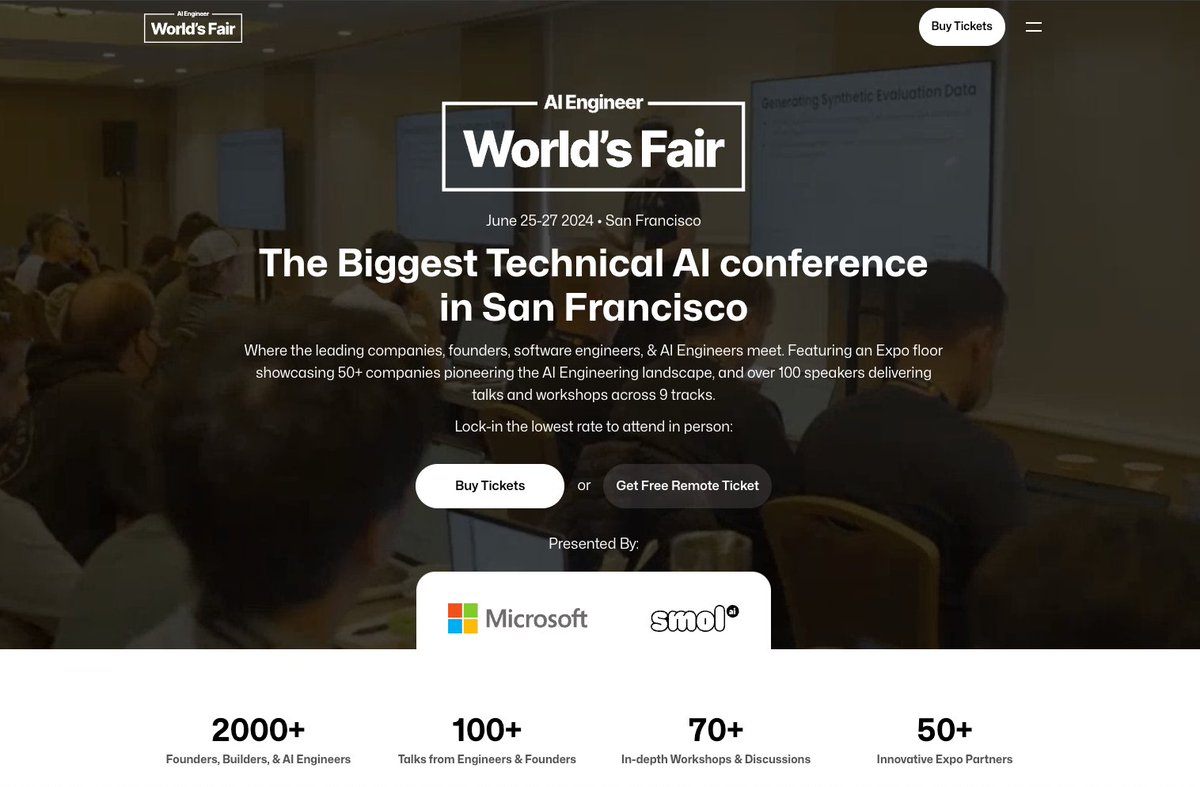 swyx's tweet photo. 🆕 Microsoft is all-in on AI Engineering.

Excited to launch the new @aiDotEngineer, presented by @sschillace, Deputy CTO of @Microsoft:

https://t.co/E4K5TEIEBI

- 9 tracks (incl new focus on Evals, Open Source, GPU/Infra, AI in the Fortune 500 & AI Leadership)
- 50 expo hall slots
- 70 workshops/small group discussions
- 100 speakers
- 100 VPs of AI
- 2000 AI Engineers
- 500k views on youtube

We even have a new website and everything!
https://t.co/N2HXFUNqY8

Our community made last year's Summit a success beyond my wildest dreams:

Since then AI Engineering has exploded:

And this year we're going harder better faster and stronger with a new format showcasing how things are rapidly maturing in 2024:

Get your Super Early Bird tix now (see pod for special codes) and stay tuned for our venue, keynotes, and speaker announcements!