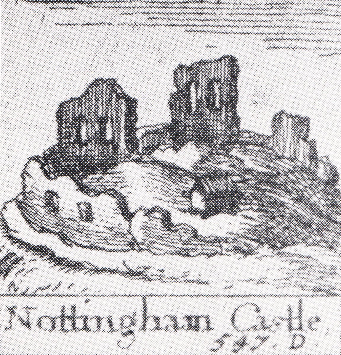 Daniel King's view of <a href="/NottmCastle/">Nottingham Castle</a>, 1660. The drawing may be symbolic rather than accurate but indicates the survival of mediaeval buildings for a period between the slighting of 1651 &amp; William Cavendish's clearance of the site in the 1670s before construction of the ducal palace