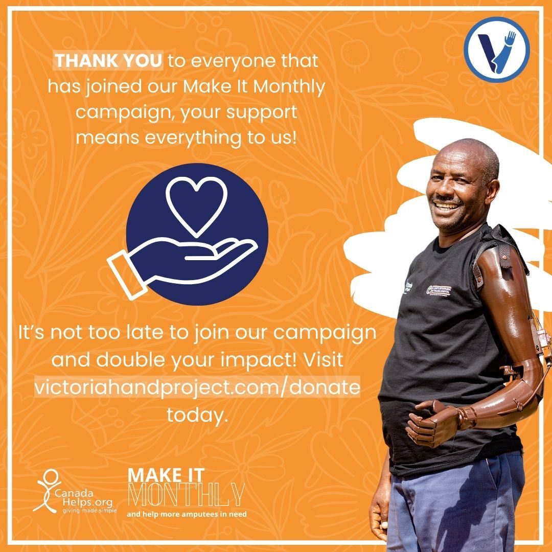 Thank you to everyone that has joined our Make It Monthly campaign, your support means everything to us! For anyone that hasn’t yet had the chance, it’s not too late to join our campaign and double your impact. Visit victoriahandproject.com/donate today! #charity #nonprofit #prosthetics