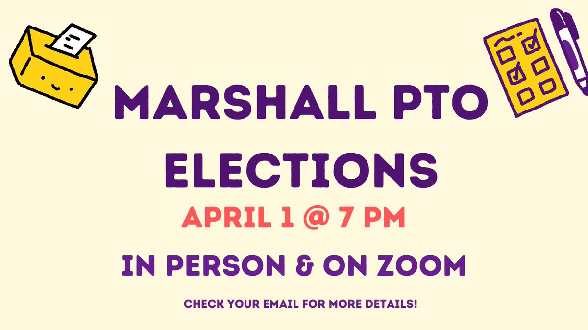 ⭐️ PTO Meeting &amp; Election Reminder!⭐️
Elections for the PTO Executive Board for the 24-26 school years will be held during the PTO Meeting on Mon, April 1 @ 7 pm. The meeting will be held in person (<a href="/TMESEagles/">Marshall Elementary</a> library) and on Zoom. Check your email for more details!