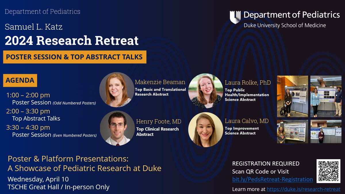 Get ready for Day 2 of the 2024 Samuel L. Katz #ResearchRetreat week! Join us on Apr 10, 1-4:30p for the Poster & Platform Presentations. Experience the multitude of cutting-edge pediatric research happening here at #Duke. Save the date! 
duke.is/research-retre…
@Duke_Childrens