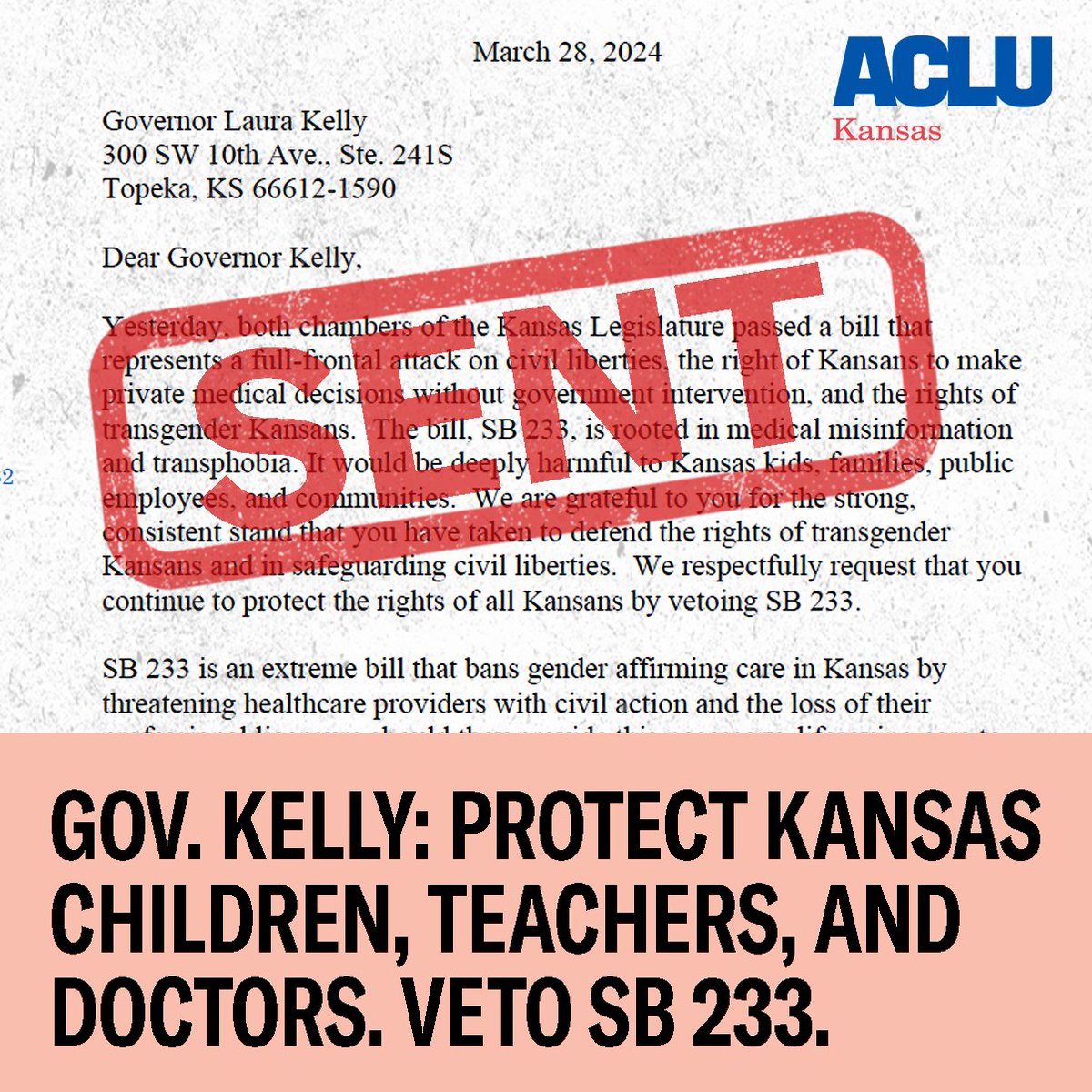 This week both chambers of #ksleg passed SB233, which is even more extreme and misinformed than similar bills in other states, punishing teachers, doctors, & nurses for just doing their jobs by simply supporting Kansas kids, including transgender kids. aclukansas.org/en/gov-kelly-v…
