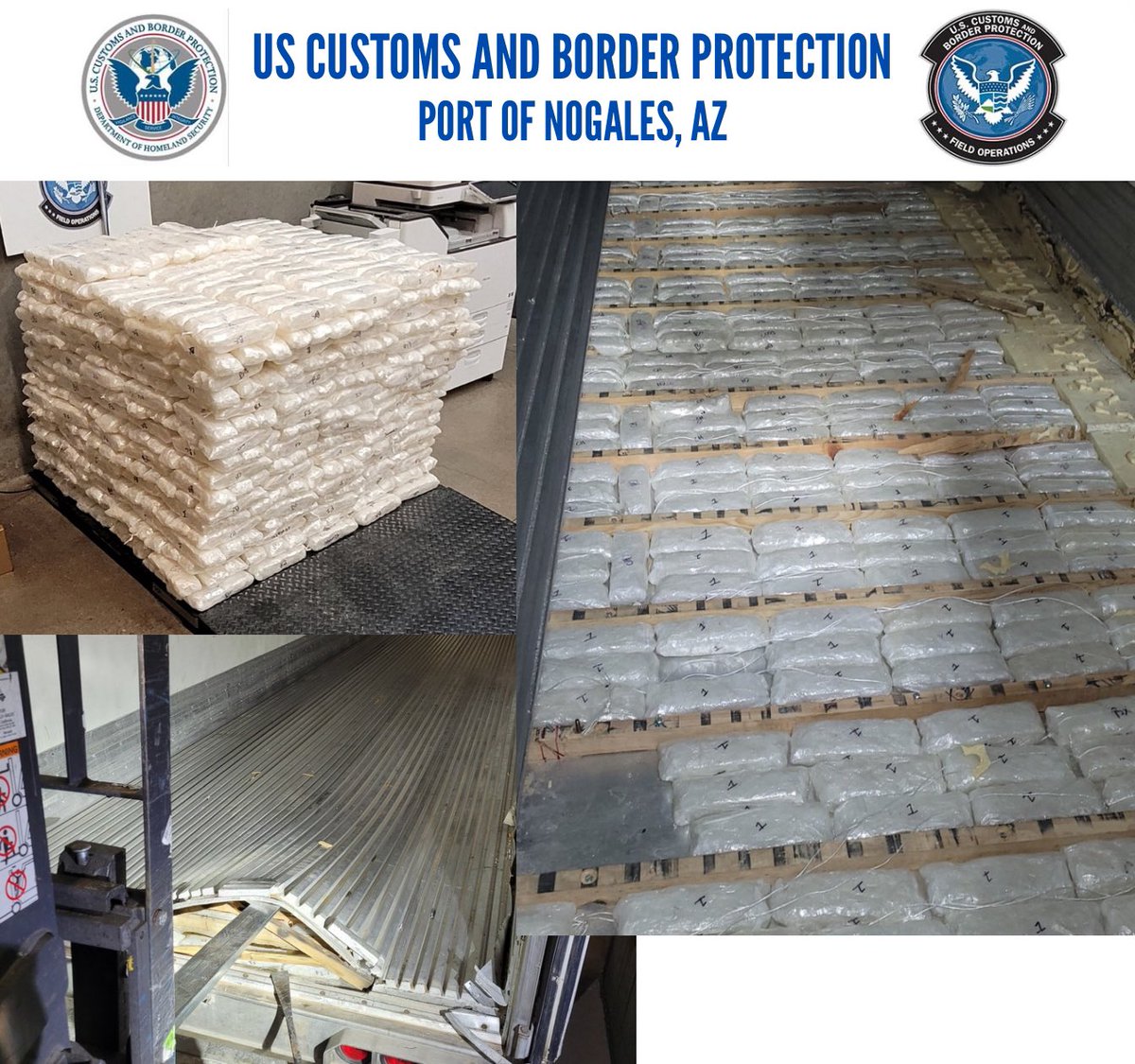 On Monday, CBP officers working commercial operations at the Nogales POE seized 1,420 pounds of meth hidden in a compartment underneath the floor of a tractor/trailer laden with watermelons. This was a total team effort made by officers, imaging technology and a K9 team.