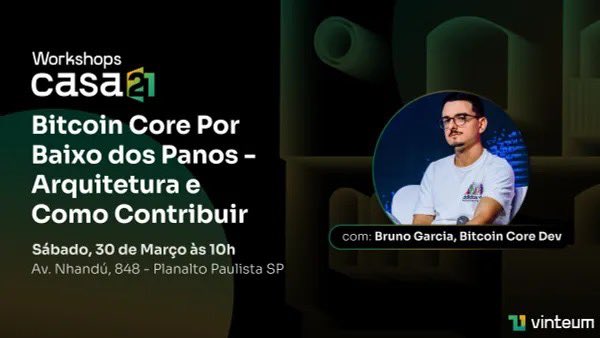 Amanhã às 10h, @brrrunog vai fazer um deep dive no Bitcoin Core aqui na Casa21! Você vai aprender: - Arquitetura do Bitcoin Core - Consenso e Validação - Wallet - P2P - Testes