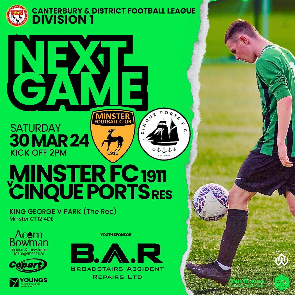 1911 : NEXT GAME
🆚 @CinquePortsMen
🏆@ CDFL1907 Div 1
📅 30 Mar 24
⏰ 2pm kick off
🏟️ King George V Park (The Rec)
📍 CT12 4DE
#AcornBowmanFinance 
@CopartUKLimited
#YoungsTBM

#mcmxi #NonLeague #grassrootsfootball