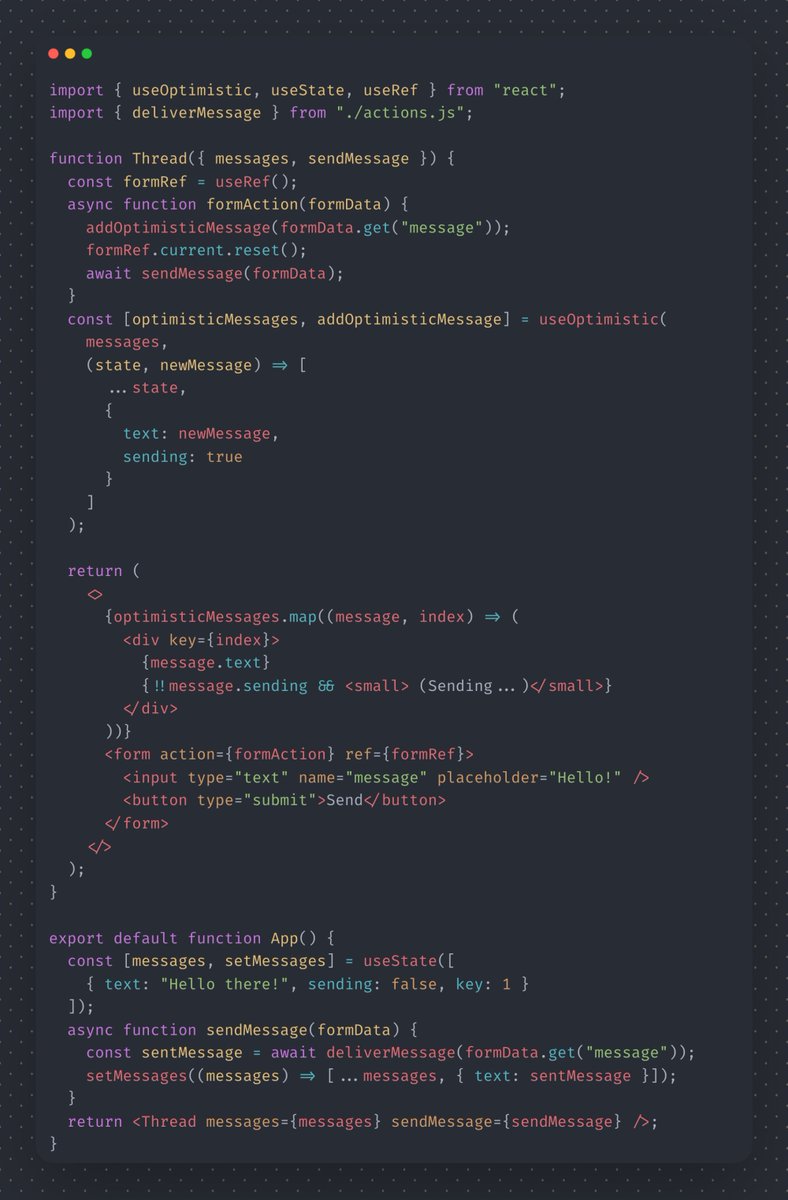 Today I Learned! 

useOptimistic React Hook lets you show a different UI before a background operation, like a network request, completes.

Don't use it in production as it's still in the experimental phase. But a great React feature is incoming. 

react.dev/reference/reac…