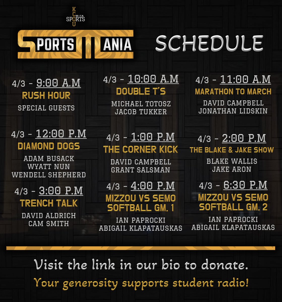 KCOUSports's tweet photo. 🚨SPORTSMANIA SCHEDULE🚨

Here's how our 24 continuous hours of live sports coverage will look on April 2-3! https://t.co/wkEWMHIlfm