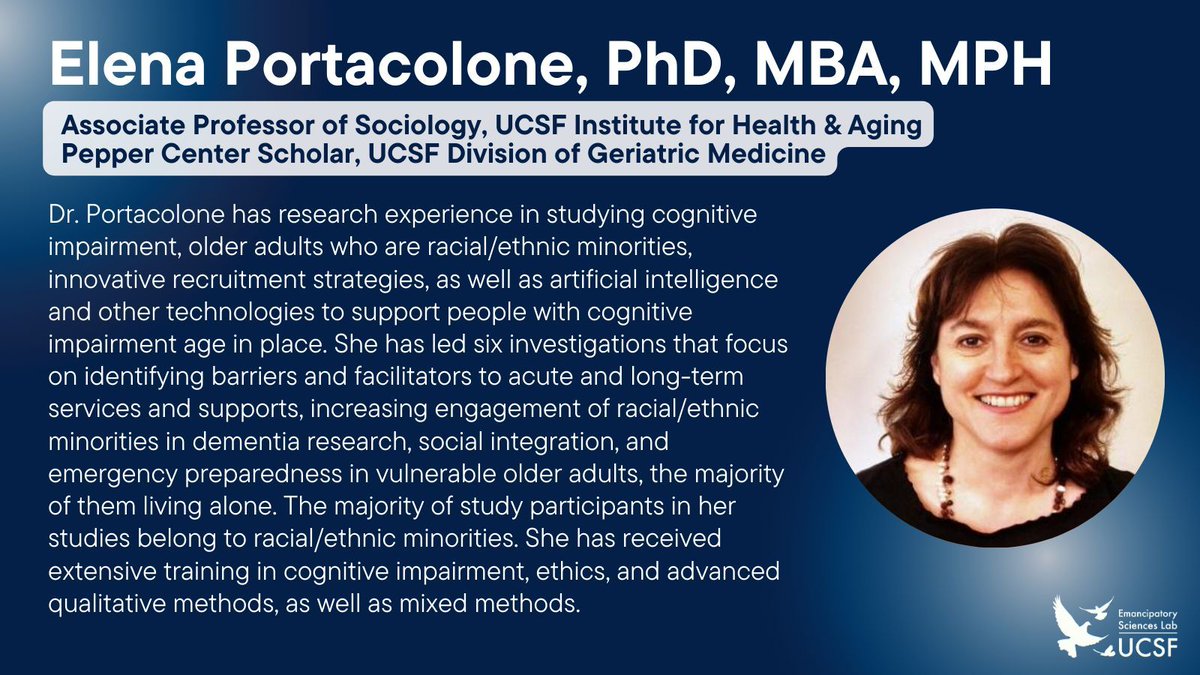 #FeaturedFriday spotlights folks in our network & their contributions toward #EmancipatorySciences. This week, we're featuring @UCSFNurse's Dr. @EPortacolone. Learn more about Dr. Portacolone & her work! 🎉 buff.ly/3x81XDK