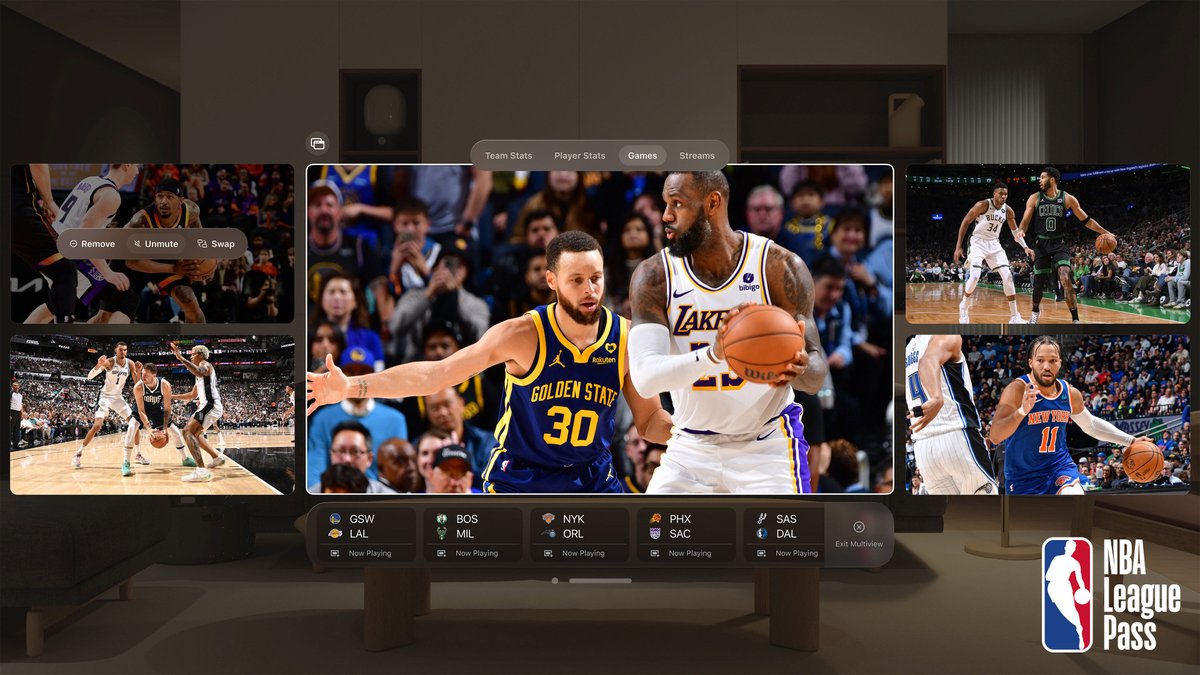 The @NBA app on #AppleVisionPro allows fans to stream up to 5 broadcasts with Multiview. Keep an eye on real-time stats and effortlessly glance at other games. Now that's what we call an ally-oop. 🏀 Learn more: apple.co/NBAVP