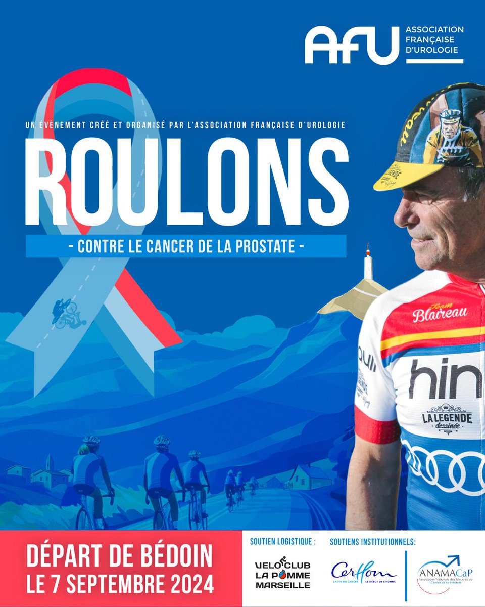 Inscriptions #RoulonsContreLeCancer : L’AFU s’engage pour sensibiliser le grand public à la santé de l’homme par le sport et lutter contre le cancer de la prostate. 🎗Rejoignez ce défi unique le 7/09 pour une ascension du #Ventoux avec #BernardHinaut ✍️ shorturl.at/jKOT2