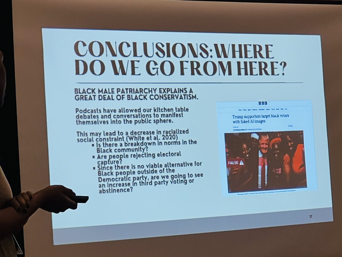 We’ve all heard about the small but consistent group of Black men supporting Trump, @ChayaCrowder presents fascinating new research on Black Male Patriarchy and Conservativism at #WPSA2024