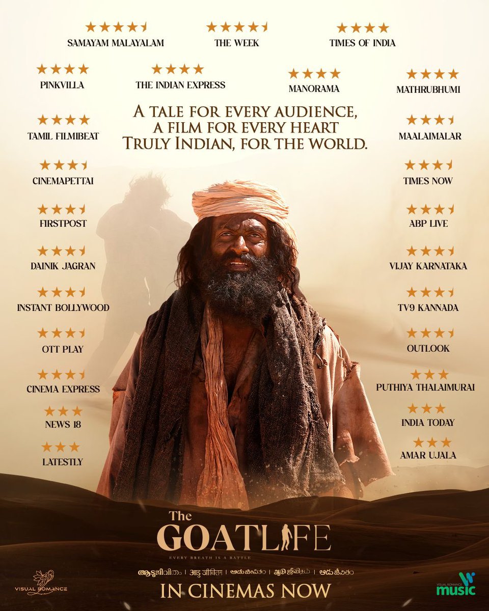 Only one voice echoing across the nation! Watch #TheGoatLife now in theatres near you. #Aadujeevitham #TheGoatLife #TheGoatLifeInCinema @AadujeevithamFilm @Blessy @Benyamin @PrithvirajSukumaran @AmalaPaul @arrahman @ResulPookutty @Talibalbalushi @rikaby @RobinJorje