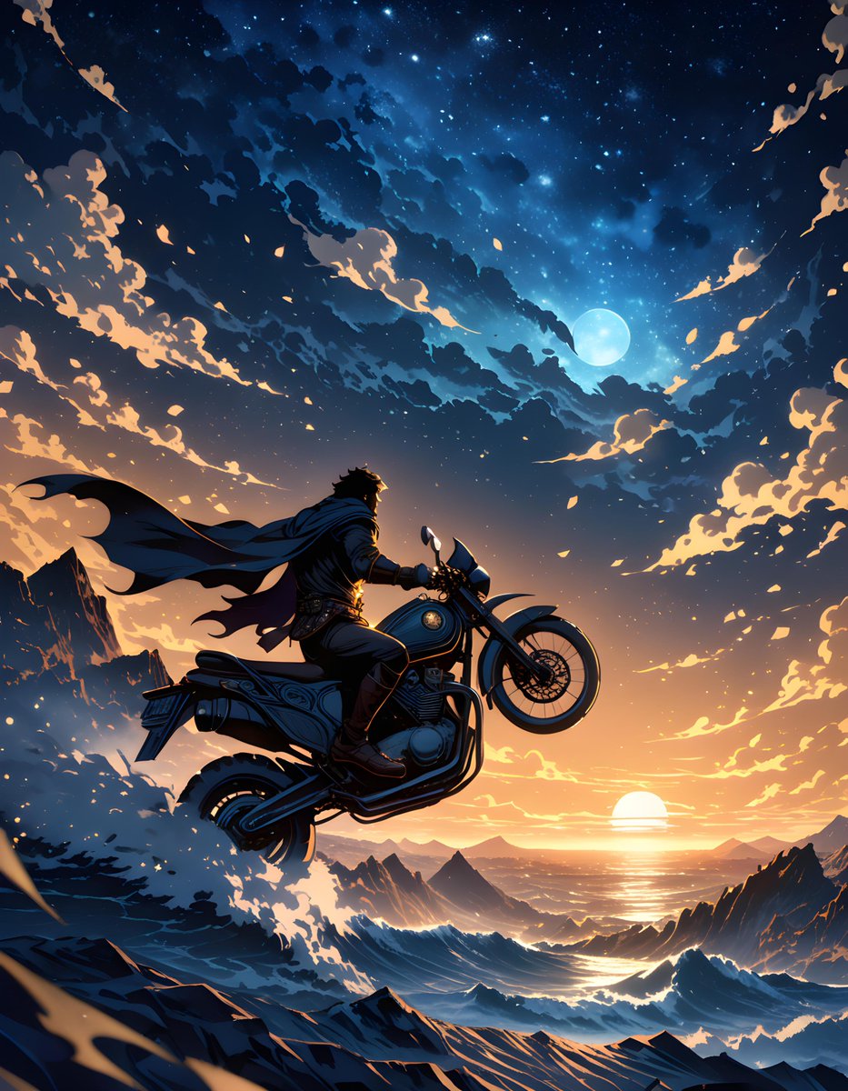 kotchovision's tweet photo. Riding off into the sunset just got a whole new meaning.
#SunsetRides #AdventureAwaits #FantasyFriday #ArtisticExpression #CreativeCommunity #Ai #AiArt #AiArtCommunity #AiArtwork #StableDiffusion @MageSpace_ https://t.co/B7kyE40cz7