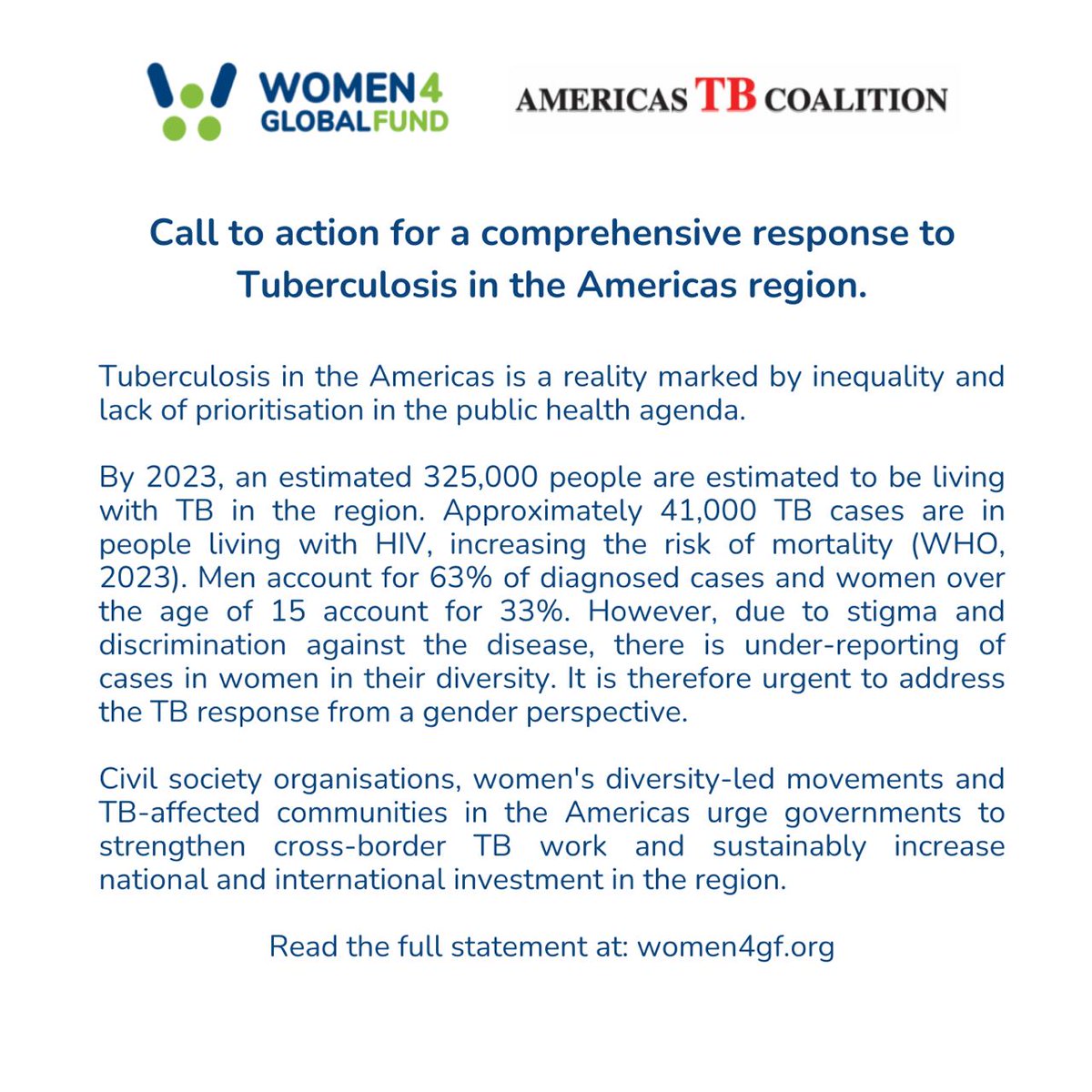 Governments must acknowledge the rising threat of #TB in LatAm. It's crucial to roll out strategies in gender-sensitive solutions to confront this crisis. 
We urge @GlobalFund to prioritize its programs and responses in LatAm, especially for women living with #HIV

#fundherhealth