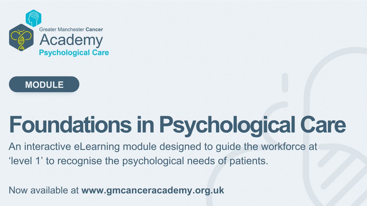 The 'Foundations in Psychological Care' eLearning module is now available via our website 🖥️ 

This course is suitable for all health and social care professionals, including cancer support workers and healthcare assistants.

Enrol here👉  bit.ly/3EQKIaI
