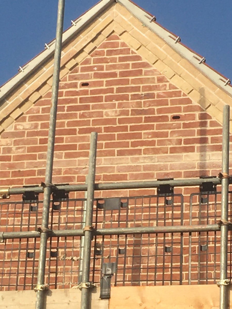 This housing development will have around a 100 S-Bricks grouped high up on gables, the gables are grouped together too. The locations are selected where there is a clear line of flight for Swifts to access/egress the S-b. Here are the first ones going in @FionaJudge1 !