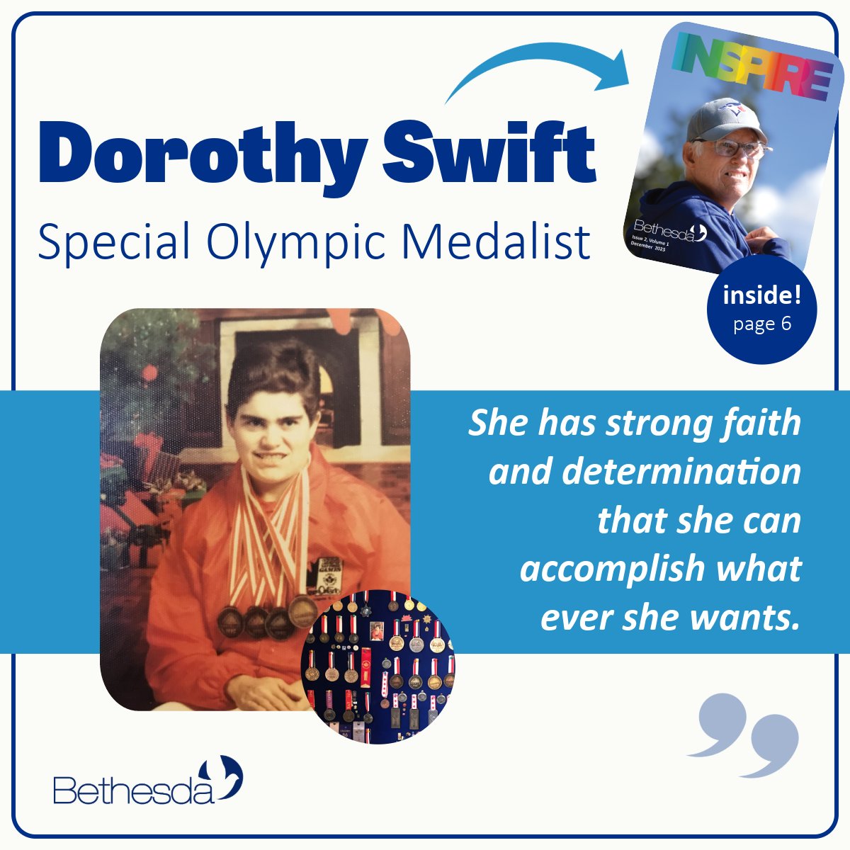ICYMI:

Have you met Dorothy Swift?

In our latest #InspireMagazine feature, we celebrate the incredible journey of Special Olympics medalist, Dorothy Swift! ✨

Read the full feature here:

bethesdaservices.com/inspiremagazine  (page 6).