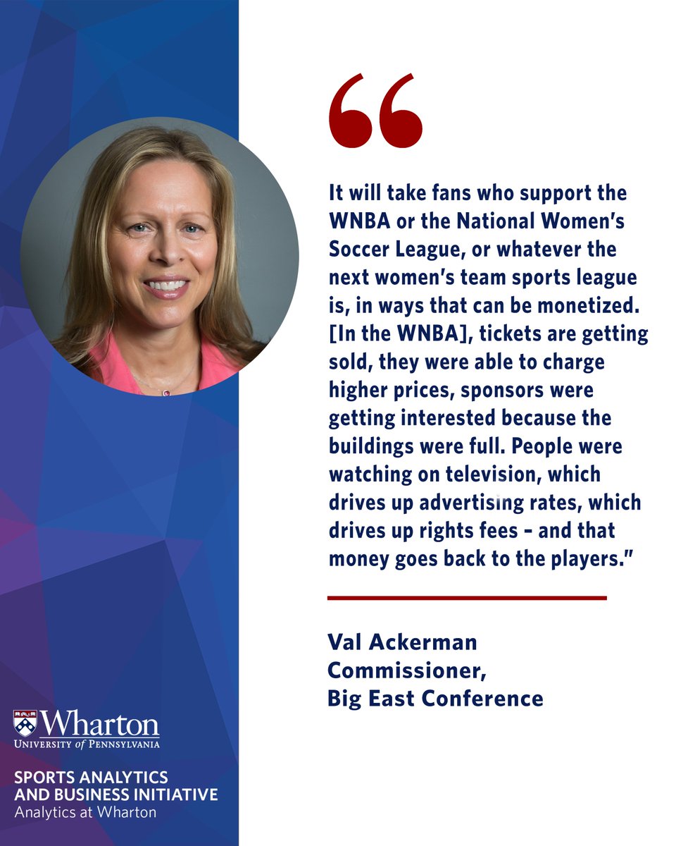 At the 2023 @WhartonSABI Sports Business Summit Val Ackerman, Commissioner of the @BIGEAST and former @WNBA President, gave insight on how to capitalize on the growing interest in women's sports around the globe. Hear from more Wharton Women in Analytics: analytics.wharton.upenn.edu/research/impac…