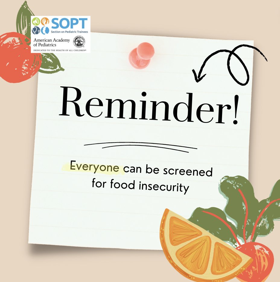 Every patient can be screened for food insecurity since it has wide-reaching impacts on pediatric health outcomes and can help in the treatment plan! 🏥🩺 Warning signs are anxiety, diet monotony, weight changes, inadequate food intake, and developmental delays 🍎🦠. #screening