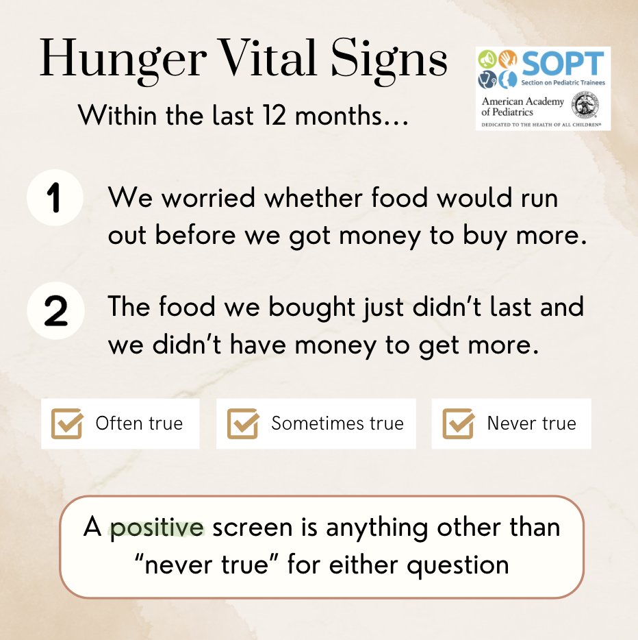 Food insecurity can be screened at every yearly routine visit using non-verbal questionnaires 🩺🏥 If verbal, inquire in a culturally-relative, sensitive, compassionate manner❤️. Be explicit in stating food insecurity is not a mark of poor parenting #medtwitter #foodinsecurity