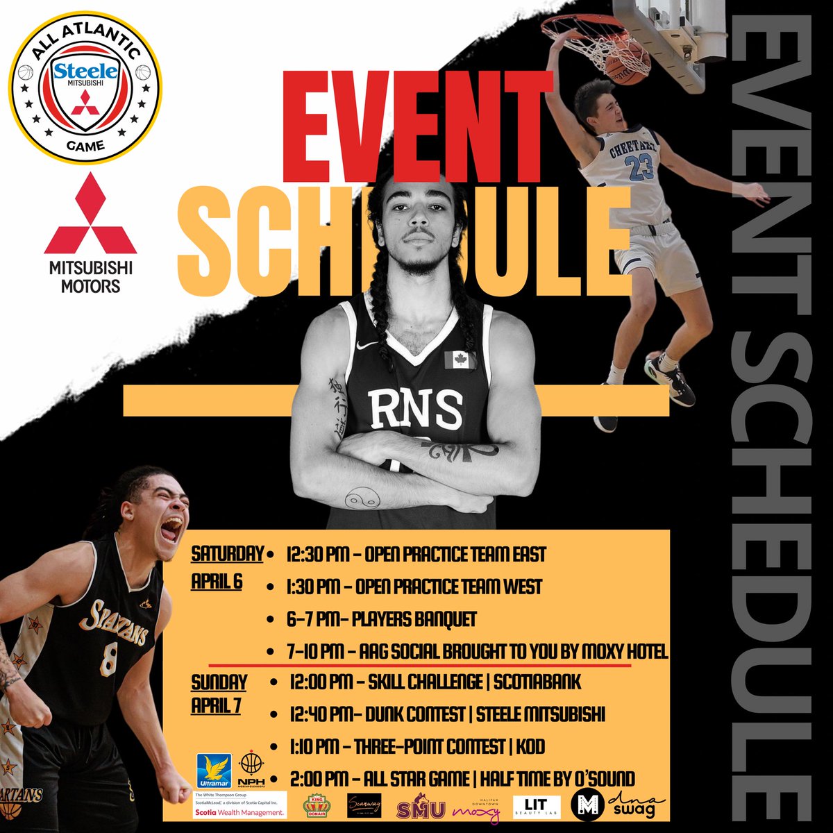 The stage is set, and the excitement is building! Full schedule of events and come witness some of the best players from the Atlantic take the court:
April 6-7: Steele Mitsubishi All Atlantic Game 
⏰ 12:30 PM: Doors Open on Saturday
⏰ 11:30 AM: Doors Open on Sunday