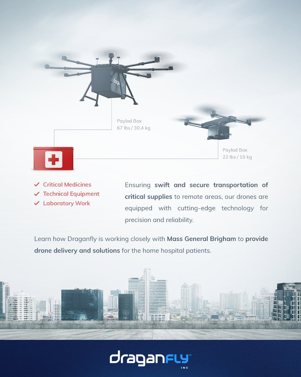 Draganfly's 3 XL Drone &amp; Precision Delivery System, the ultimate solution for Medical Supplies Drone Delivery. Swift &amp; secure transport to remote areas with cutting-edge tech. Learn how we're partnering with Mass General Brigham for Home Hospital patients. bit.ly/4a33Ksw
