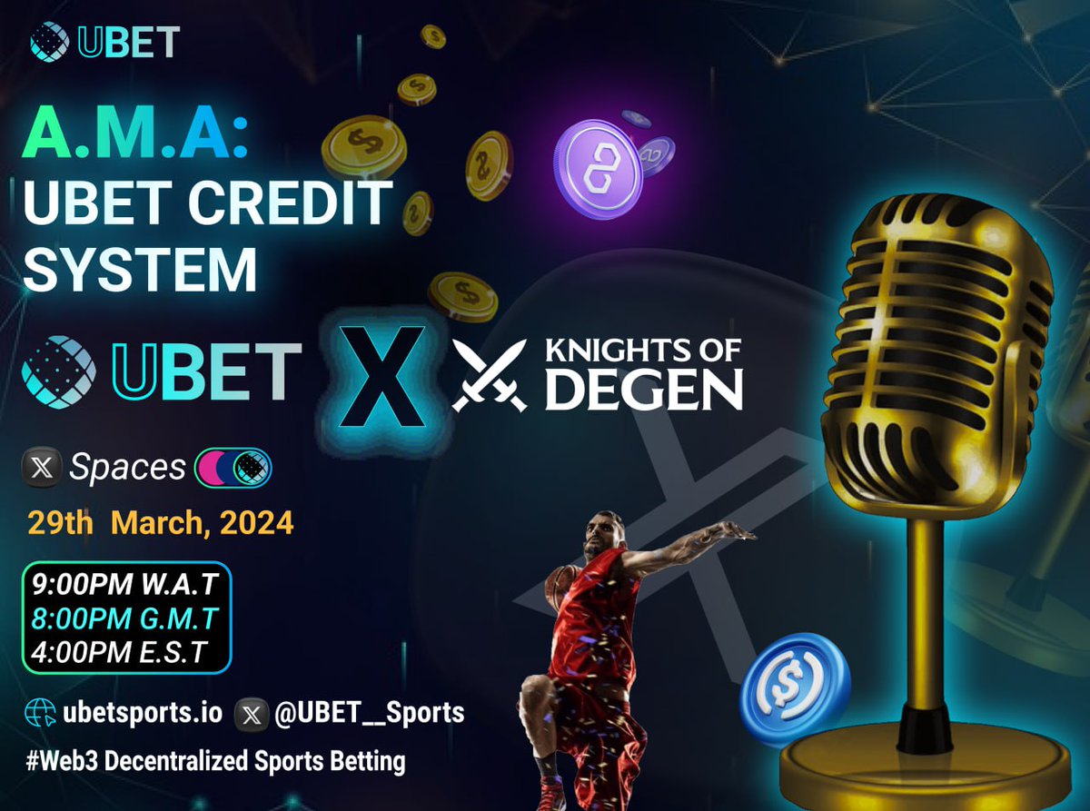 UBET Sports 🎲⚖️🏦 - A Decentralized Sportsbook (@ubet__sports) on Twitter photo 📣 Live AMA today with <a href="/knightsofdegen/">Knights of Degen</a> ! 📣
We will be co-hosting a live AMA tomorrow with the Knights of Degen!
We will cover the new Stake 2 Win Contest where the Knights of Degen will go up against the UBet Team, along with our new Credit system and what the timeline is 📣 Live AMA today with <a href="/knightsofdegen/">Knights of Degen</a> ! 📣
We will be co-hosting a live AMA tomorrow with the Knights of Degen!
We will cover the new Stake 2 Win Contest where the Knights of Degen will go up against the UBet Team, along with our new Credit system and what the timeline is