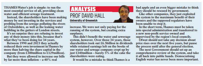 David Hall has declared water privatisation an 'economic and environment' disaster. Greenwich University's visiting professor says no other country in the world runs a system like this. express.co.uk/comment/expres…