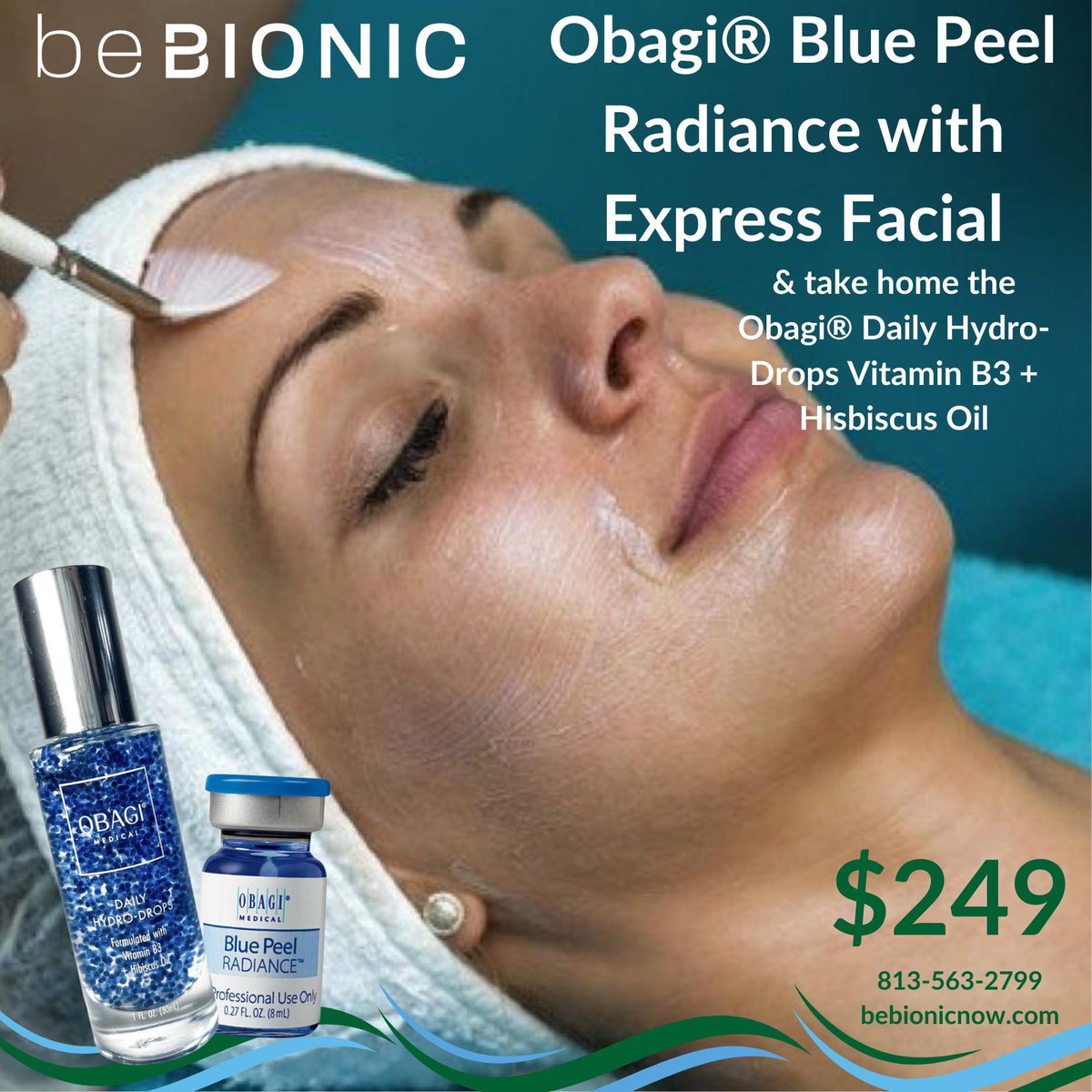 Reveal your radiance with our newest service: The Obagi® Blue Peel Radiance and Express Facial! 💙 Enjoy this ultimate spa treatment and take home the luxurious Obagi® Hydro Drop Serum for skin that shines everyday. ✨ Contact us today: 813-563-2799 or hello@bebionicnow.com.