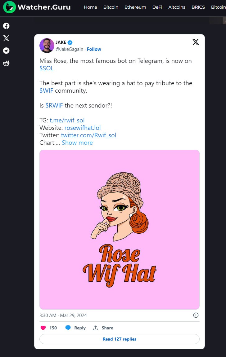 Rwif_sol's tweet photo. We are excited to announce #WatcherGuru's article on the #dogwifhat × Miss Rose bot partnership!

They have also featured the memecoin tribute to this formidable partnership, Rosewifhat, in the article!

Read here: https://t.co/ejd1AFnNPy

$RWIF is going mainstream!

#ROSE $WIF https://t.co/3JhHbS56tL