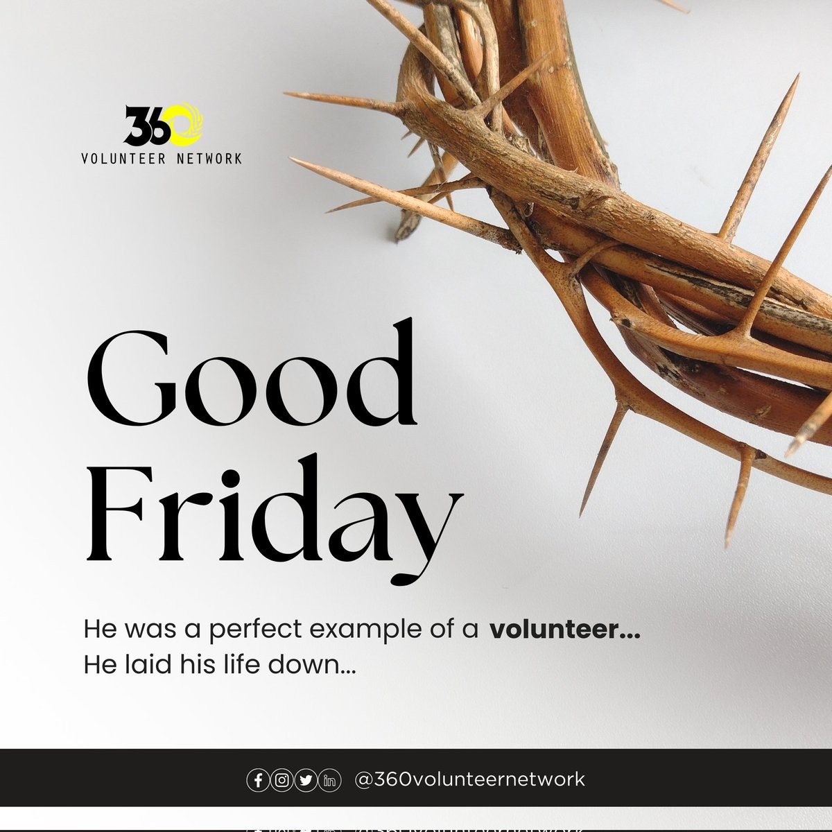 360volunteer's tweet photo. On this Good Friday, we remember when Jesus was crucified, showing his love for all of us. It’s a time to think deeply about this sacrifice and what it means.
Let’s share our best wishes with those we care about, spreading love and peace.
#GoodFriday
#360volunteerNetwork https://t.co/d1ieEaYntA