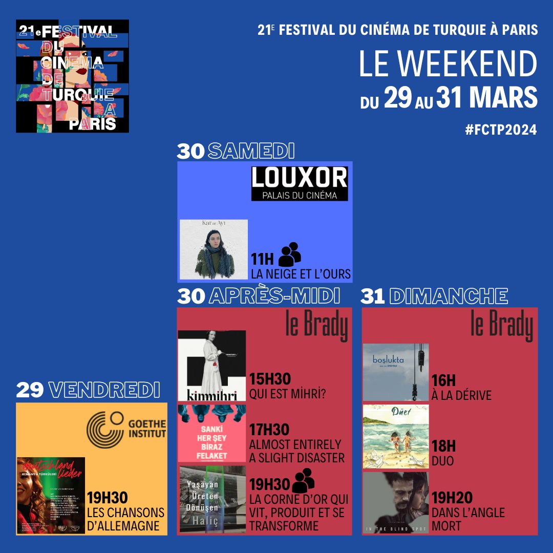Ce weekend au #fctp2024 

Ce soir à @GI_Paris   

Demain matin à 11h au <a href="/Cinema_Louxor/">Louxor • Palais du Cinéma</a>
*en présence de la réalisatrice <a href="/selcenergun_/">selcen ergun</a> et du cinématographe Florent Herry

Demain après-midi et dimanche au <a href="/CinemaLeBrady/">Cinéma Le Brady</a> 
Demain à 19h30 *en présence du co-réalisateur Alper Şen