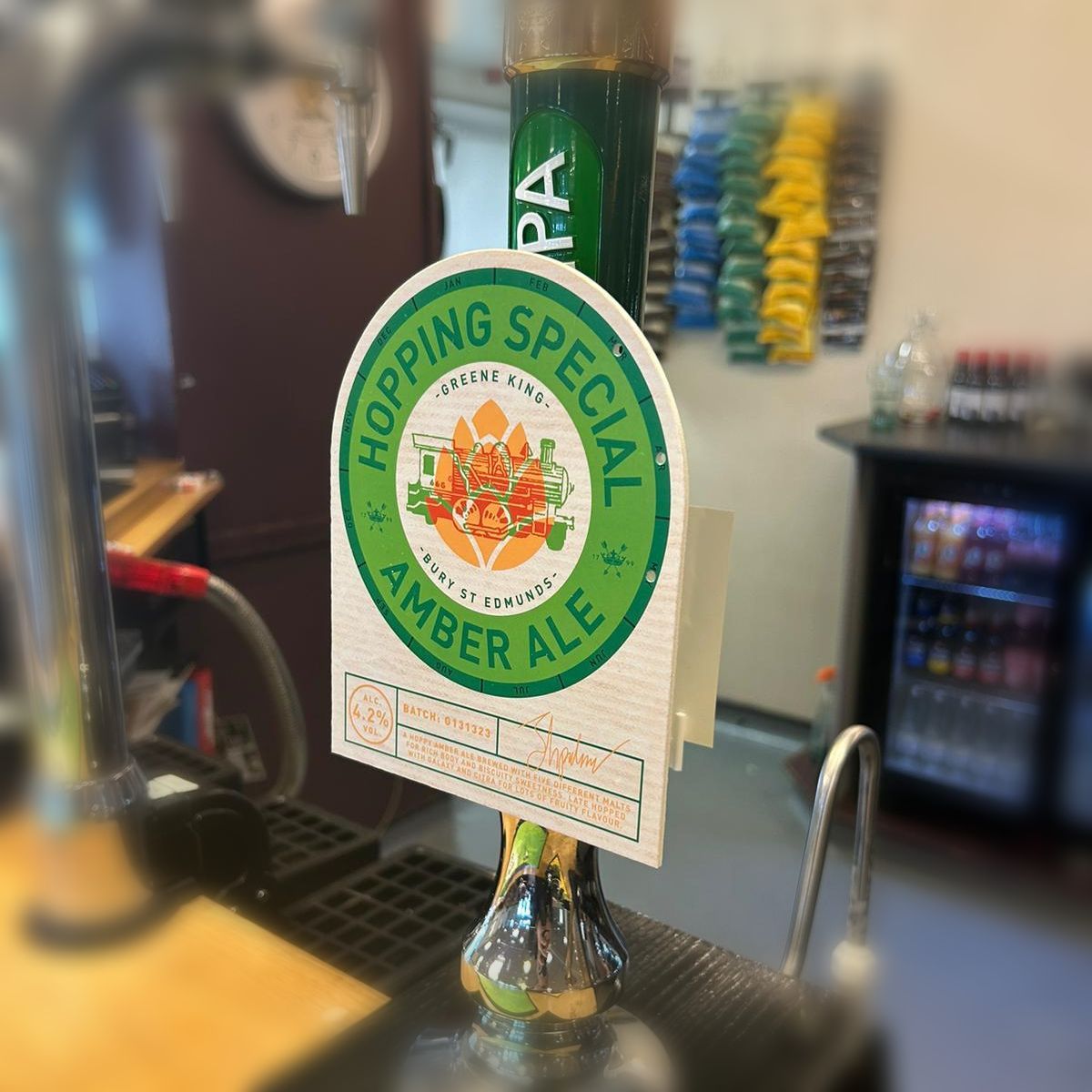 Now serving - Hopping Special from Greene King 🍻😎  Enjoy mango and passion fruit characters in this hoppy amber ale brewed with Galaxy hops! 
Hopping Special takes its name from the train service put on for hop picking families in the 19th &amp; 20th C.