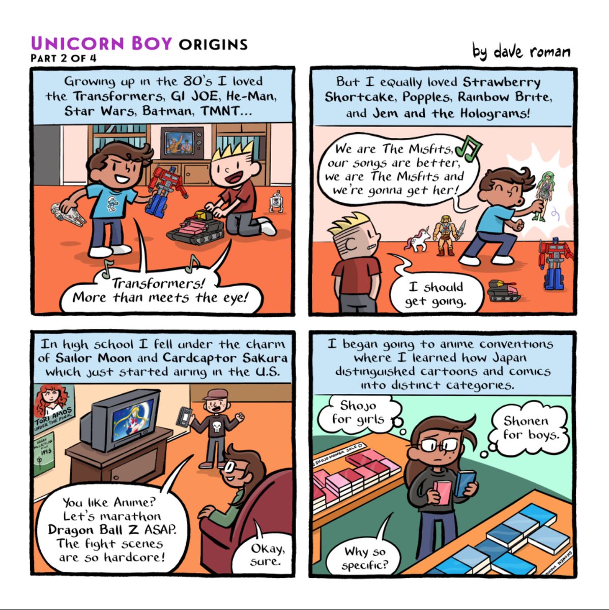 Part 2 in a series of “behind the comic” anecdotes that I drew in response to queries about my latest book, Unicorn Boy.  Nods to the 80’s cartoons I loved as a kid then falling down the rabbit hole of anime and manga as a teen.