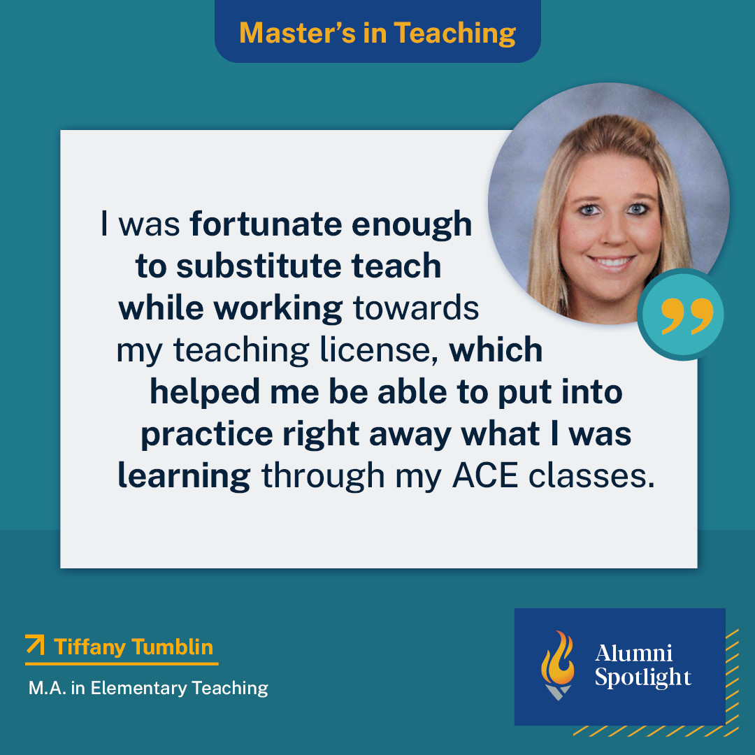 #ACEAlumni and #kindergarten teacher, Tiffany Tumblin, shared with us that her master's in #teaching program helped her to create engaging and differentiated lesson plans, incorporate fun in learning, and to develop relationships with her students.