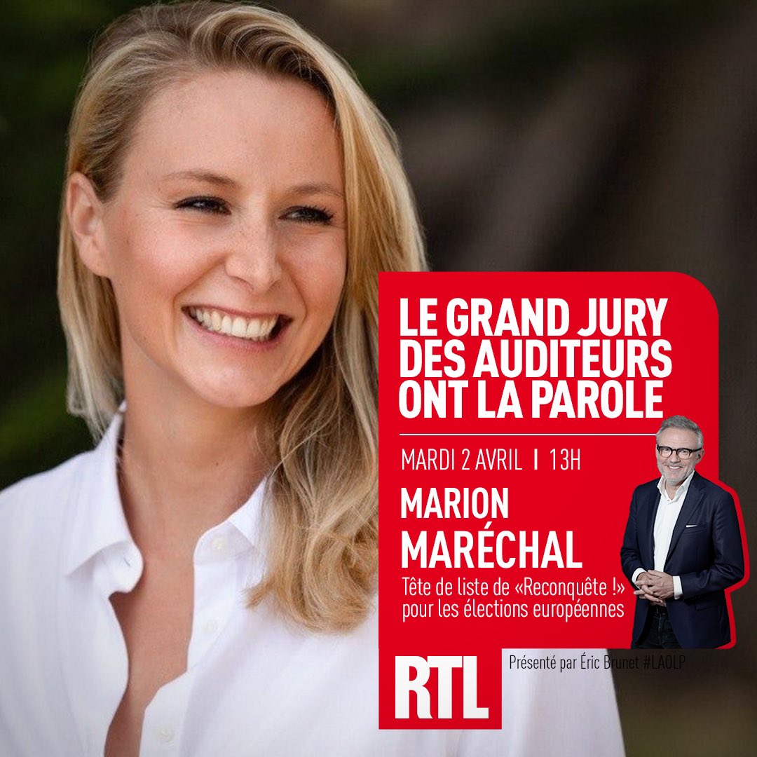🇪🇺🗳️🗣️🎙️ À l'occasion des élections européennes, #RTL vous donne la parole dans 'Le Grand Jury des Auditeurs Ont La Parole'. Dès 13h : @MarionMarechal, tête de liste de @Reconquete_off. Posez-lui vos questions au 3210 ou sur l'application RTL #LAOLP