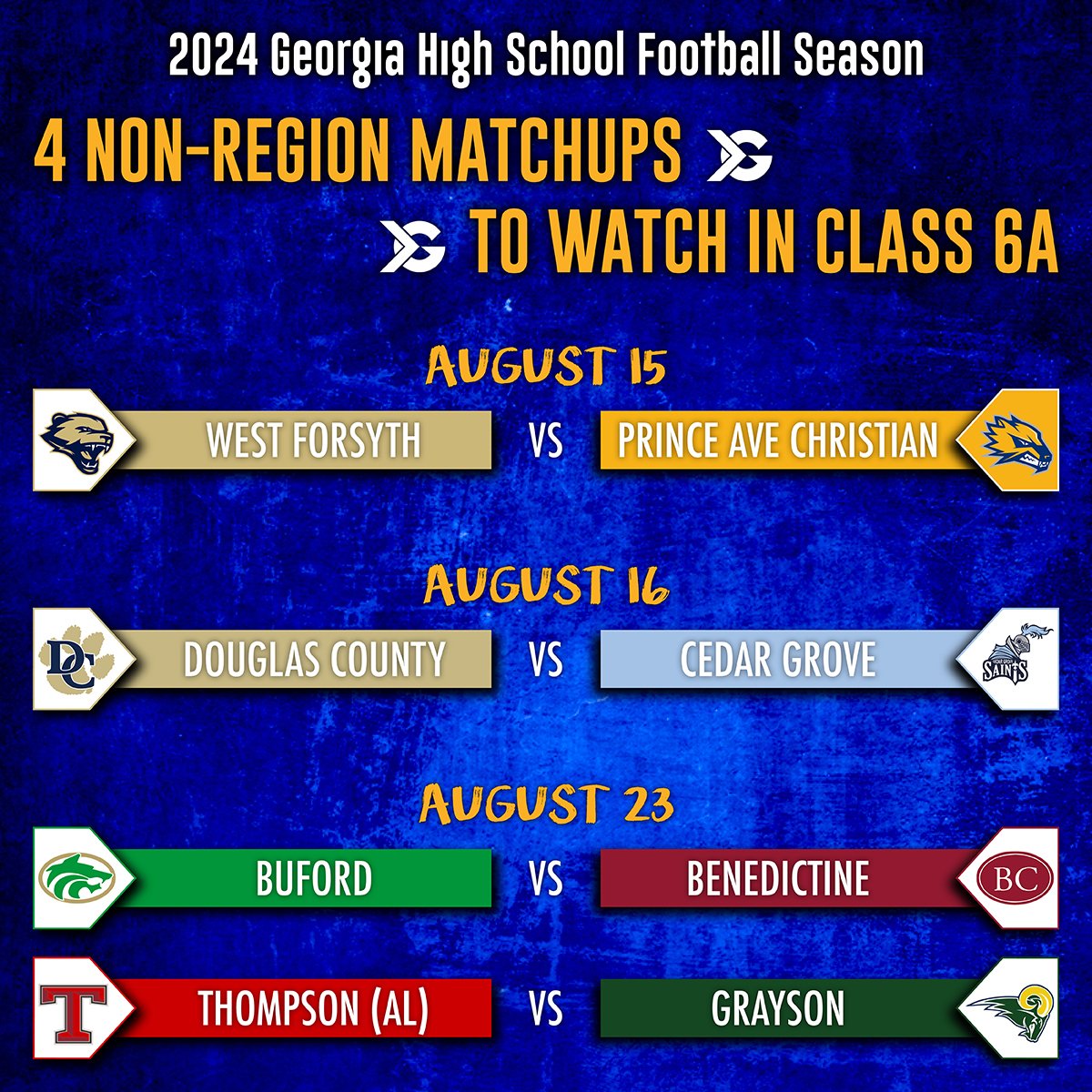 Check out the GHSA's 2024 Georgia high school football schedule! Here are 4 non-region games to watch in Class 6A during the 2024 Georgia high school football season. Share your thoughts on the anticipated games below! Read more: itgnext.com/4-non-region-m…