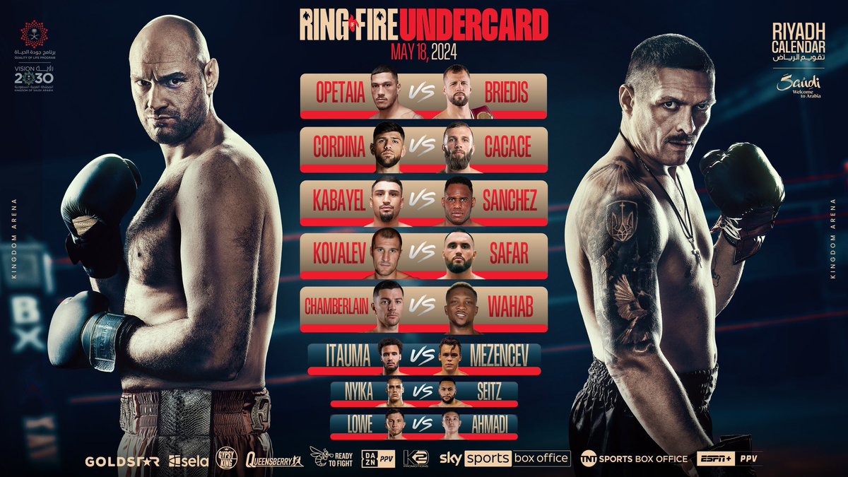 boxingontnt's tweet image. The official undercard for Tyson Fury vs. Oleksandr Usyk 🥊 

This is 🔥🔥🔥

#RingofFire| #FuryUsyk | #RiyadhSeason | May 18 | TNT Sports Box Office