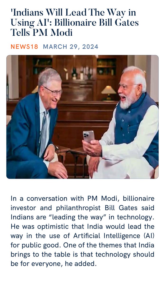 RMKrishnan (@xkrishnanr) on Twitter photo 'Indians Will Lead The Way in Using AI': Billionaire Bill Gates Tells PM Modi
news18.com/india/indians-…
<a href="/narendramodi/">Narendra Modi</a> 'Indians Will Lead The Way in Using AI': Billionaire Bill Gates Tells PM Modi
news18.com/india/indians-…
<a href="/narendramodi/">Narendra Modi</a>