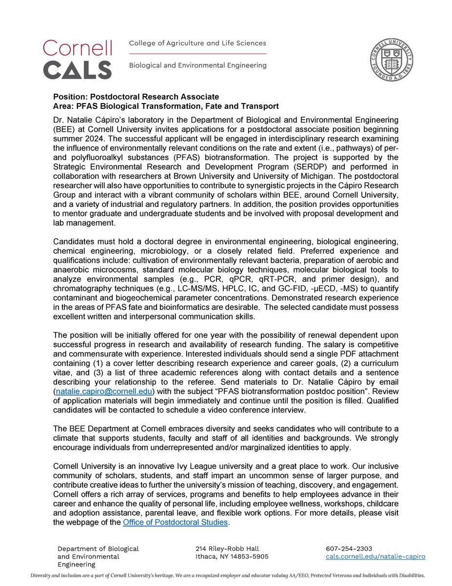 I’m #hiring a postdoctoral associate in the area of PFAS biological transformation, fate and transport. Details on the project, collaboration and career development opportunities, and how to apply can be found in the job description. I look forward to seeing your application!