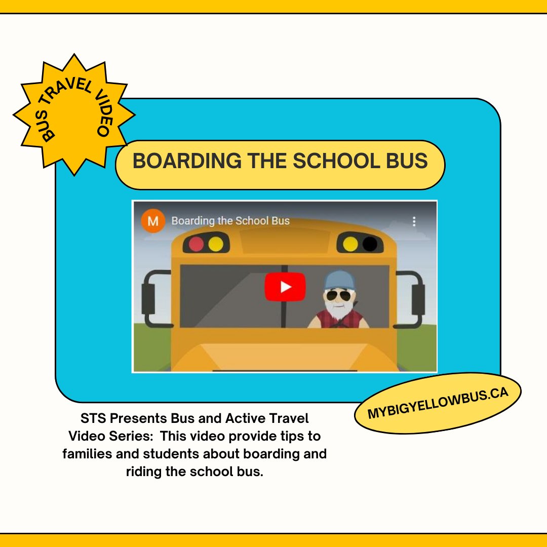 STS Presents Bus and Active Travel Video Series: BOARDING THE SCHOOL BUS youtube.com/watch?v=2F8AuA…. For other safety videos and resources visit us at mybigyellowbus.ca