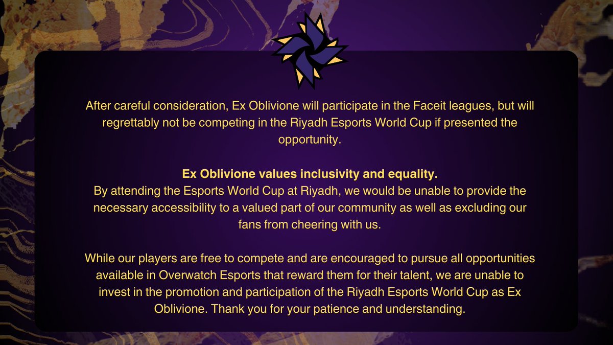 A statement from Ex Oblivione ahead of the Riyadh Esports World Cup and FaceIt League. #IntoOblivion🌑