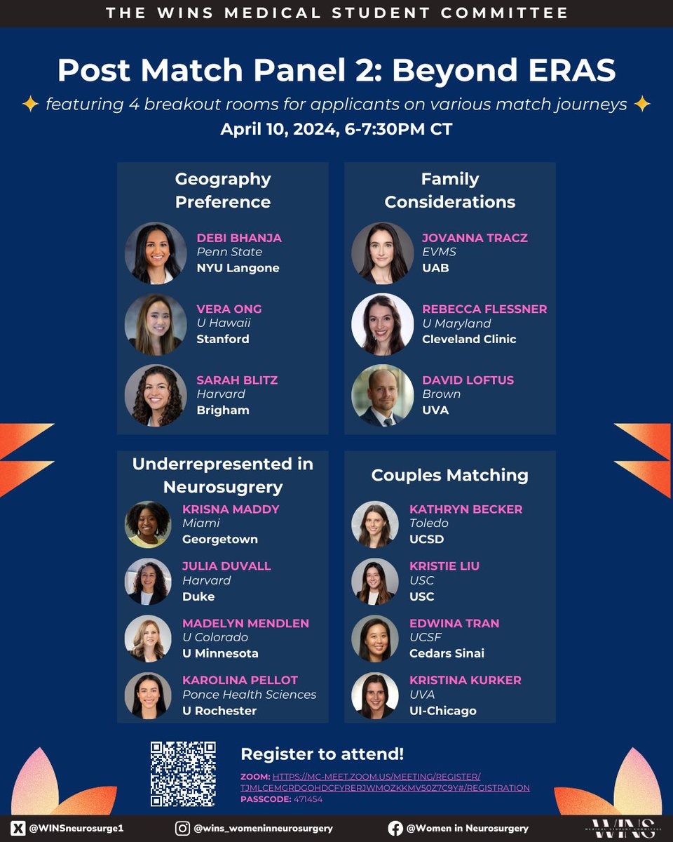 ATTENTION future #neurosurgery applicants: WINS Post-Match Panels are here! 🧠🌟 We're hosting 2️⃣ panels w/ Breakout Rooms targeting salient considerations beyond just the metrics. Sessions are for everyone. Come hear from our amazing panelists! #Match2024 #Match2025