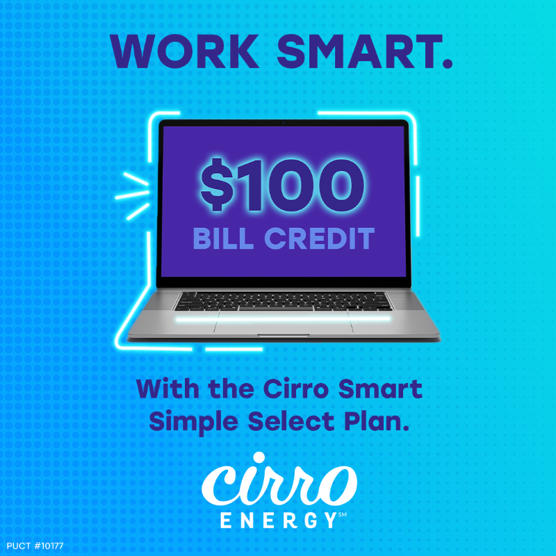 CirroEnergyTX's tweet photo. Get a $100 bill credit for signing up with Smart Simple Select. It’s that simple. 

Your $100 bill credit will be applied to your bill within 1-2 billing cycles after your second month of enrollment.