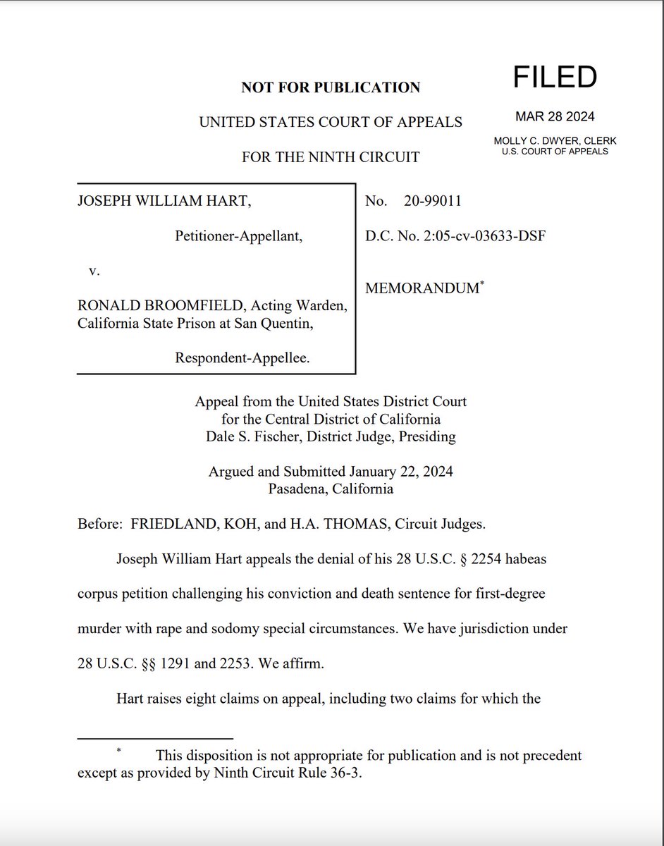 RDunhamDP's tweet photo. In a separate, unpublished opinion, the appeals court ruled that Mr. Hart's claim that prosecutors unconstitutionally withheld exculpatory evidence was procedurally barred. https://t.co/vtRKnNicz5 @DPFocus @SmartJusticeCA #JosephHart #California #deathpenalty https://t.co/tpTmZ2pWwl
